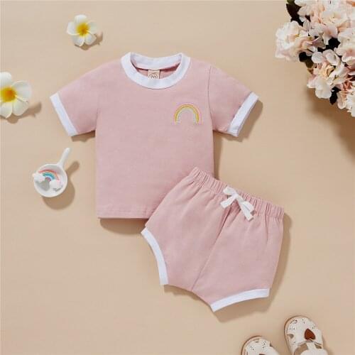 0-3 Years Newborn Baby Girls Casual 2Pcs Clothes Set Rainbow Embroidery Print T-Shirt Top + High Waist Shorts Pink/ Green/ Grey