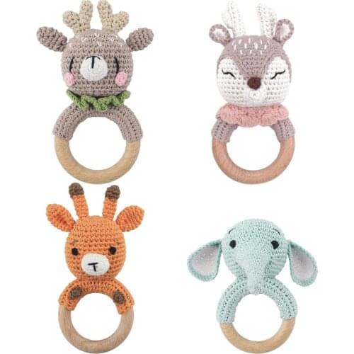 1pc Baby Teether BPA Free Crochet Rattle Toys Cartoon Animal Lion Fox Wooden Beech Ring Nursing Soother Molar Educational Toys
