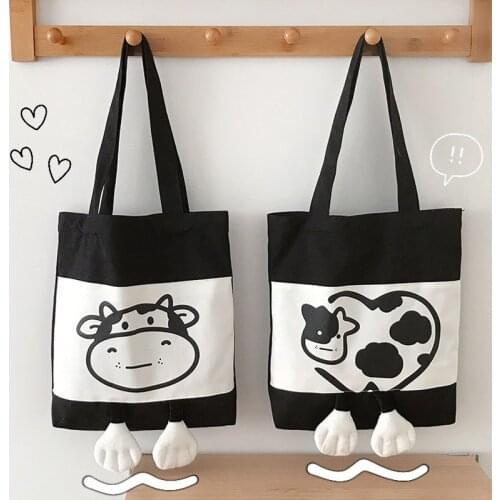 Hylhexyr Womens Cute Cow Shoulder Bag Leisure Canvas Tote Bags Female Handbag Magnetic Buckle Design Cartoon Schoolbag