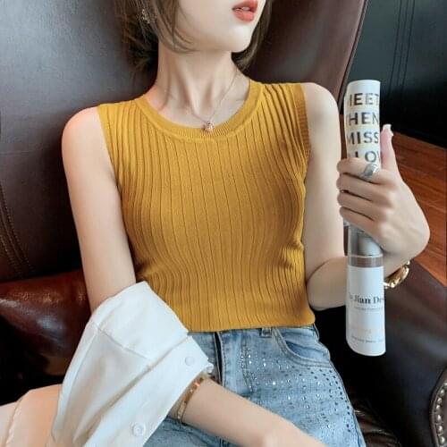 Sweet 2021 Summer Women Fashion Blouse Solid Knitted Sleeveless Shirt Vest Casual O-neck Office Lady Orange Simple Blusa 15639