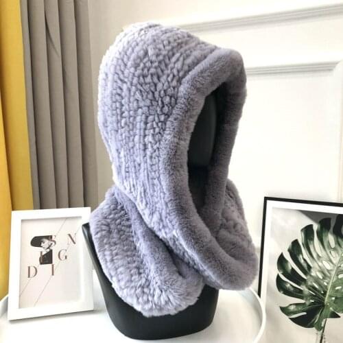 Women Knitted Real Rex Rabbit Fur Hat Hooded Scarf Winter hats for Woman Cap Warm Natural Fur Hat With Neck Scarves