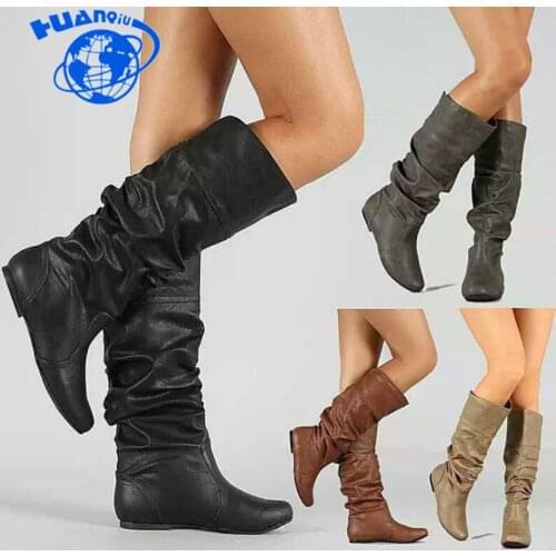 HUANQIU 2018 Fashion womens boots ladies boots European station solid color folds plus size 34-43 leather boots ZLL307