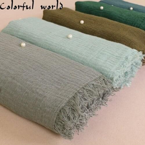 Cotton Linen Creased Womens Scarf High Quality Wool Fringe Cotton Yarn Pearl Headscarf femme ScarvesTurban Shawls and Wraps
