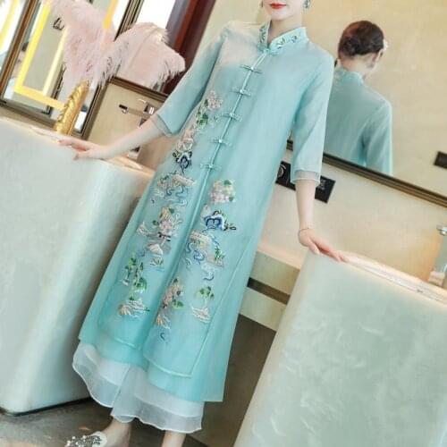 Temperament Women Embroidery Chinese Style Improved Hanfu Long Qipao Dress National Chinese Style Summer Retro Cheongsam