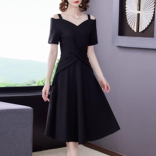 Summer Korean Black Off Shoulder Sexy Midi Dress 2021 Vinatge Casual 3XL Plus Size Dress Elegant Women Bodycon Party Vestidos