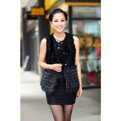 Free shipping new Real natural genuine lamb wool with raccoon fur vest womens fashion fur coat