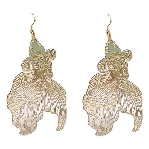 Golden Tone Koi Goldfish Animal Drop Earrings Feather Filigree Dangle Statement Earrings Goldfish Thin Copper Earrings