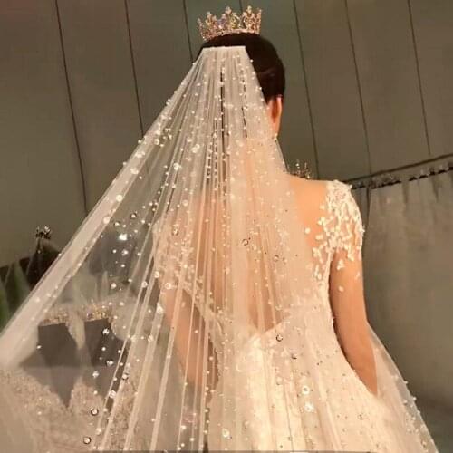 3.5m Length Bling Beaded Crystal Ivory Bridal Veil Women Wedding Cathedral Veil Shiny Dream Hair Accessories for Photograph