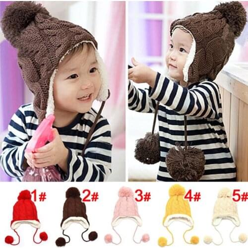 5 Colors Cute Baby Toddler Boys Girls Dough-twist Style Fleece Lined Warm Winter Wrap Ears Warm Knitted Crochet Beanie Cap Hat