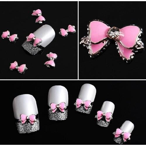 80% Hot Sale 10Pcs 3D Pink Alloy Rhinestone Bow Tie Butterfly Nail Art Decoration Stickers DIY
