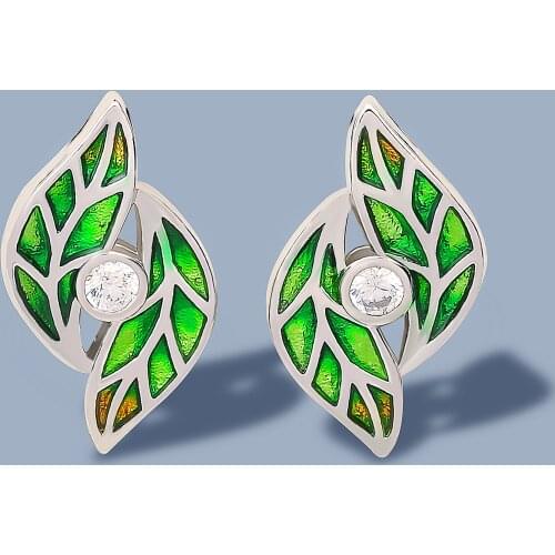 925 Sterling Silver Earrings For Women Genuine Green Bamboo leaves Shiny White CZ Zircon Fine Jewelry Handmade Enamel