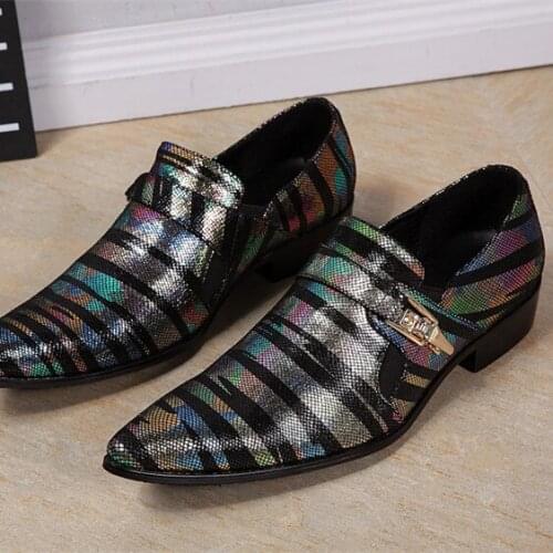Christia Bella Personalized Colour Stripe Genuine Leather Buckle Male Nightclub Style Shoes Fashion Large Size Mens Party Shoes