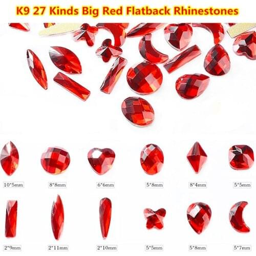 27 Kinds 50pcs/bag Heart/Horse Eye Nail Art Rhinestones Red/Light Siam Flatback Strass Glass Nails Decoration Crystal Stones