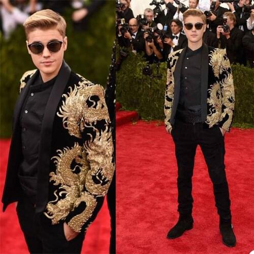 Designer Celebrity Mens Customized Wedding Tuxedos Gold Appliques Groom Wear Dinner Prom Party Blazer (Jacket+Pants)