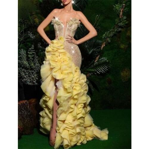 Graceful Yellow Mermiad Prom Dress Spaghetti Strap Beads Sequins Ruffles Evening Dress Custom Made Floor Length Party Dress