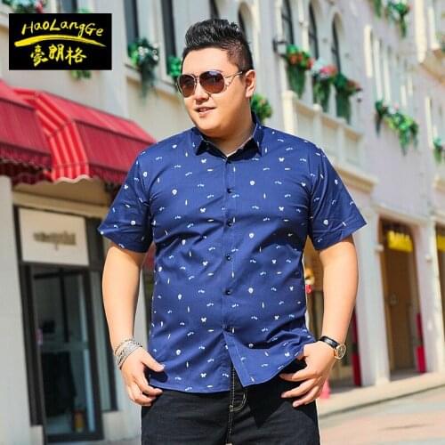 Bust 150cm)Large size mens clothes lapel print short-sleeved shirt mans youth half-sleeved shirt Big size males casual tops