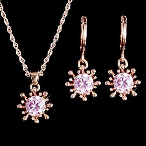 Fashion Sunflower Jewelry Sets Pink & White Color Pendant Necklace Drop Earrings Set for Women Girl Gift Party Wedding Jewellery