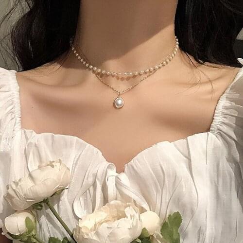Kpop Fashion Pearl Choker Necklace Women Cute Girl Gold color Double Layer Chain Pearl Pendant Korean Jewelry Woman 2020 Collar