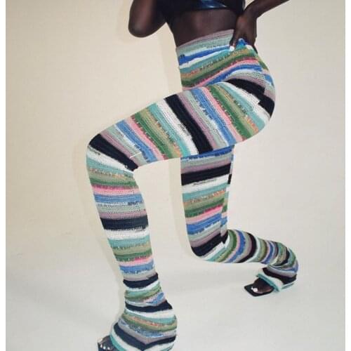 Colorful Striped Knitted Stacked Pants Streetwear Women Hippie Clothes Fall 2021 Sexy Extra Long Trousers