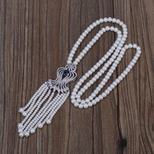 Round pearl chain beaded shaded tassel cz cap deep blue dark green crystal flower charm pendant necklace for women