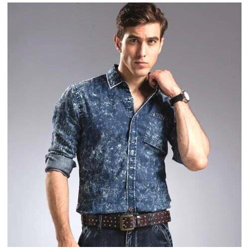 Mens Clothes , Spring Fall Man Casual Blue Black Cool Stylish Denim Shirt Blouse , Male Washed Slim Fit Jeans Shirts For Men