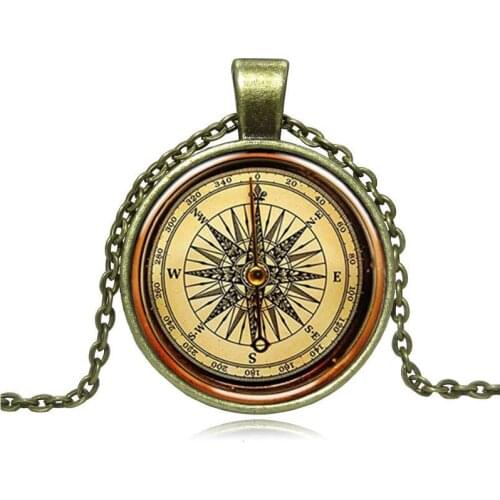 Golden Old-style Compass Pendant Necklace - Vintage Antique Style Picture Lace Neck Fashion Jewelry Gifts for Men Women Pendant