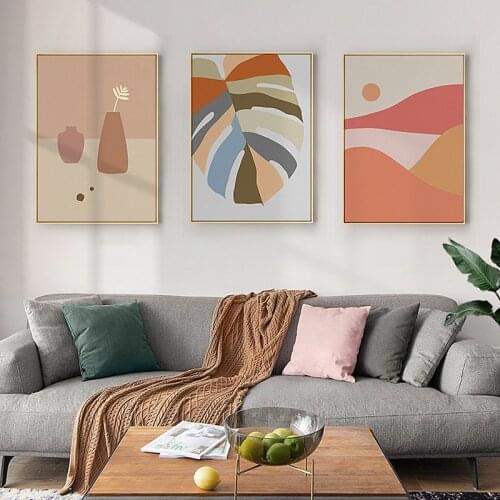 Simple Nordic Morandi color abstract geometric lines sun mountains and rivers Japanese decorative painting picture core