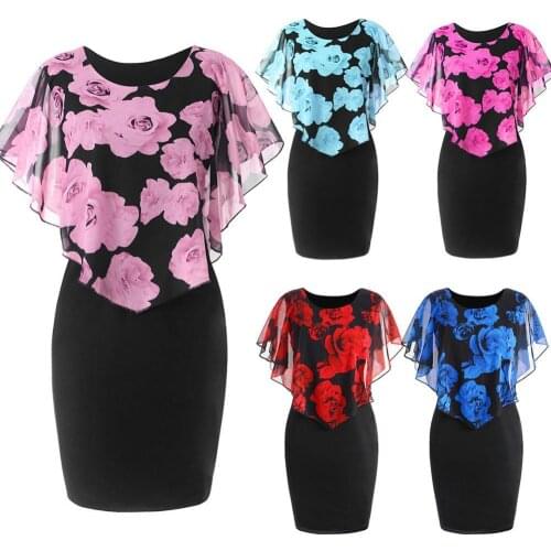 Plus Size Womens Dress Elegant Office Lady Rose Flower Print Cape Bodycon Knee Length Dress