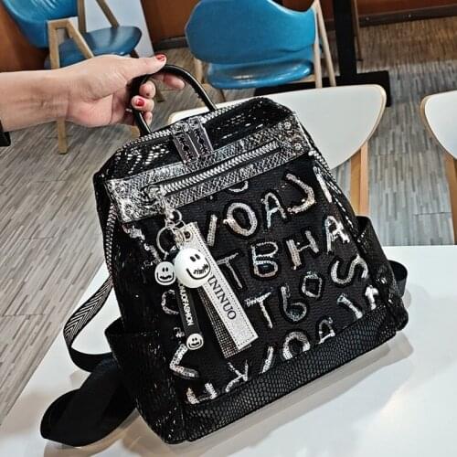 Black Womens Backpack Luxury Sequines Letter Mochilas Para Mujer Shoulder Female Bag Designer Sac Femme