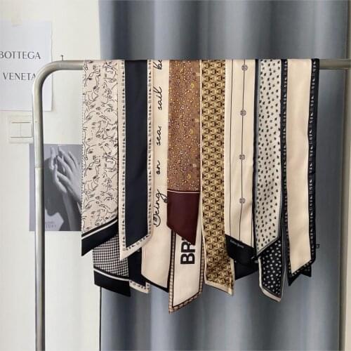 Decorative Thin Narrow Striped Scarf for Women Elegant Summer Clothes Tied Bag Silk Necktie Small Ribbon Printing Ladies Apparel