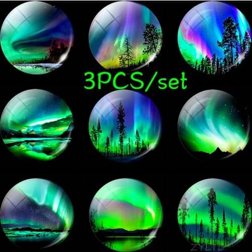 Glowing Northern Lights Fridge Magnet Round Glass Cabochon 3PCS Set Luminous Aurora Diy Refrigerator Magnets Stickers Home Decor