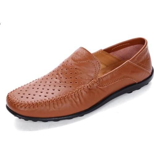 Summer Breathable Split Leather Casual Shoes Men Hellow-Out Fashion Men Loafers Slip-On Men Footwear Driving Shoes