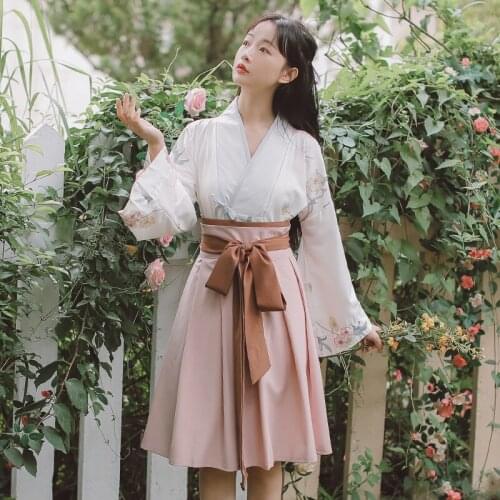 Retro Girl Hanfu Suit Long Sleeve Print Literary Retro Blouse+Bow Tie High Waist Skirt Two Piece Set Kimono Women