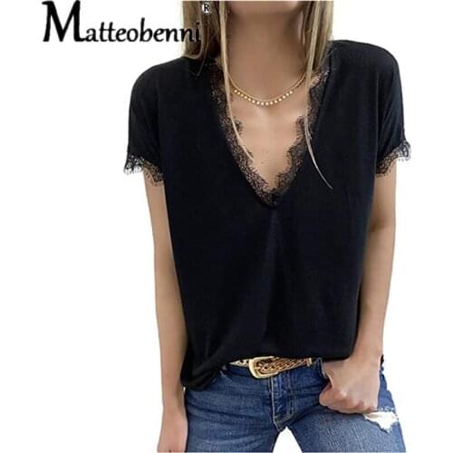 Fashion Women Black T-Shirts Lace Short Sleeve V-Neck Street Tee 2021 Summer Loose Casual Tops Lady Solid Color Big Size T-Shirt