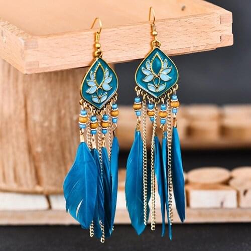 Boho Women Rhombus Beaded Feather Tassel Long Dangle Earrings Party Jewelry For Women Pendant Jewelry Gift