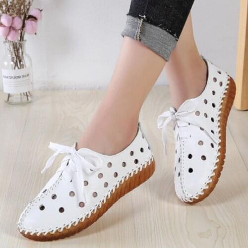 2020 Women Flats Genuine Leather Shoes Woman Moccasins Comfortable Lace-up Handmade White Summer Sneakers Ballet Ladies Shoes