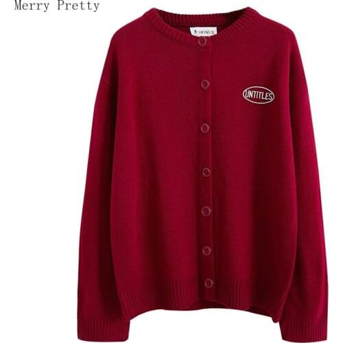 Merry Pretty Womens Kawaii Ulzzang Red Letter Embroidery Sweater Cardigan Knitted Jumper Harajuku Loose cardigans For Girls