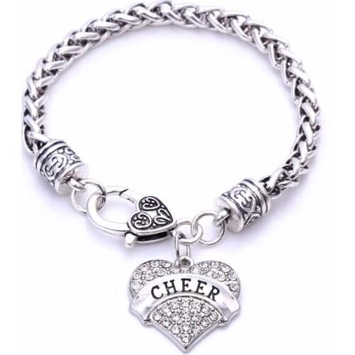 Cheer Cheerleading Clear Crystal Heart Silver Chain Bracelet Jewelry Cheerleader