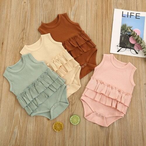 2021 0-3Y Cute Baby Girl Romper Summer Infant Solid Color Ruffle Sleeveless Tutu Jumpsuit Playsuit One Piece Knitted Clothes