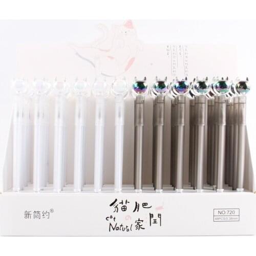 48PCS Gel Pen Cartoon Creative Cat Head Office Stationery Black 0.38mm Refill Student Lovely Signature Pen