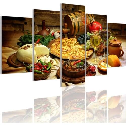 Pizza Grape Beef Champagne 5 Panels HD Canvas Painting Posters Wall Art Print Picture Restaurant Interior Home Decoration Frame