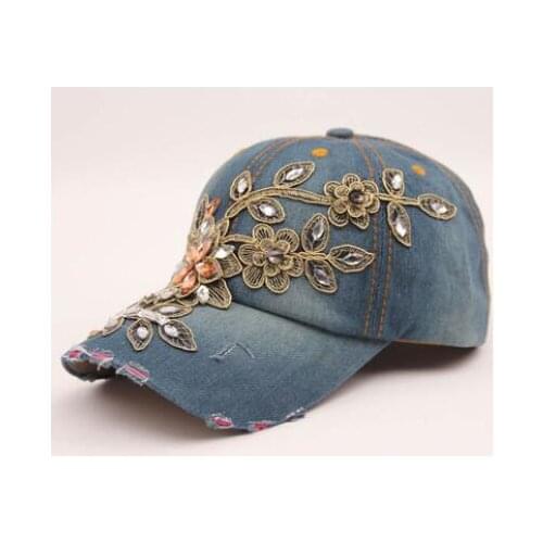 50pcs/lot fedex fast woman casual flower rhinestone baseball cap lady casual denim sport cap 58cm