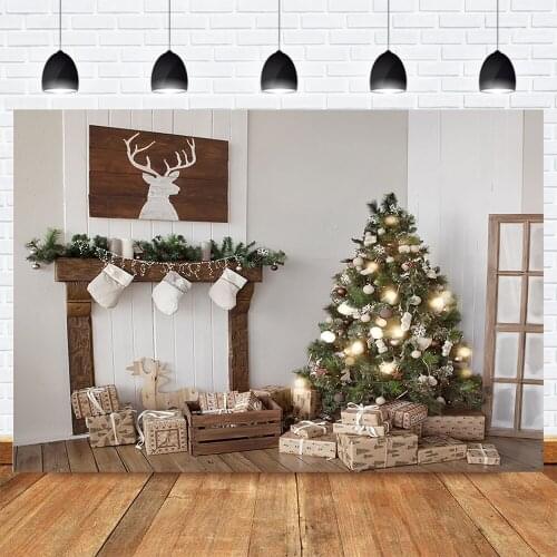 Christmas Tree Backdrop Winter Elk Sock Photography Background for Photo Studio Children Gifts Family Party Video Props