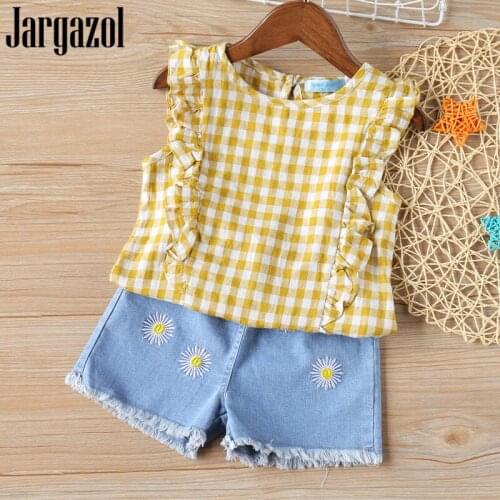 Girl Clothes Set 2020 Fashion Children Clothing Yellow Plaid Shirt & Chrysanthemum Jeans Shorts Thanksgiving Outfits Kids Sets
