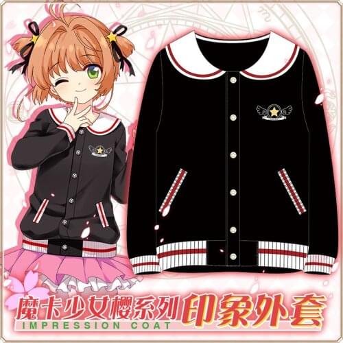 Anime Cardcaptor Sakura Cosplay Costume Kinomoto Sakura Tops button hoodie Coat Sweater Black Warm Sailor Suit Cartoon Jacket