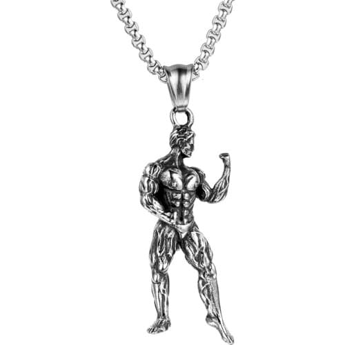 LAMEMDEE Strong Man Dumbbell Pendant Necklace Stainless Steel Chain Muscle Men Sport giftFitness Hip Hop Gym Jewelry For Male