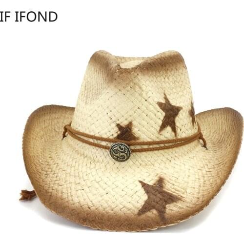 Summer Sun Straw Hat Five-Pointed Star Paint Men Women Handmade Weave Western Cowboy Cap Panama Beach Sombrero Cap