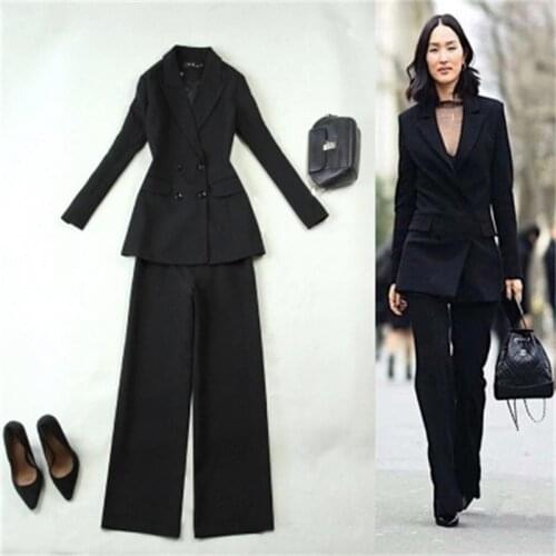 Fashion suit suit female spring New Black Slim Double-Breasted Long Suit + Wide Leg Pants Suit Women