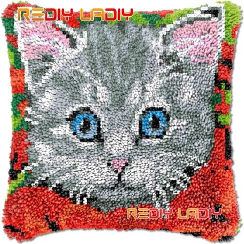 Latch Hook Cushion Cat Face DIY Needlepoint Kits Chunky Acrylic Yarn Arts Crocheting Lofty Pillow Case Hobby & Crafts