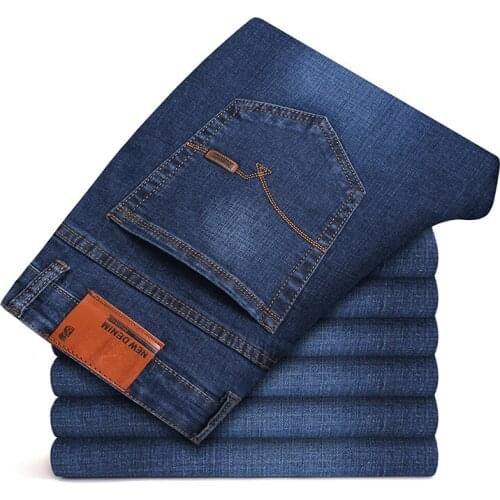 2021 Autumn New Slim Straight Stretch Denim Jeans Classic Style Badge Leather Business Casual Youth Mens Fitted Fashion Jeans